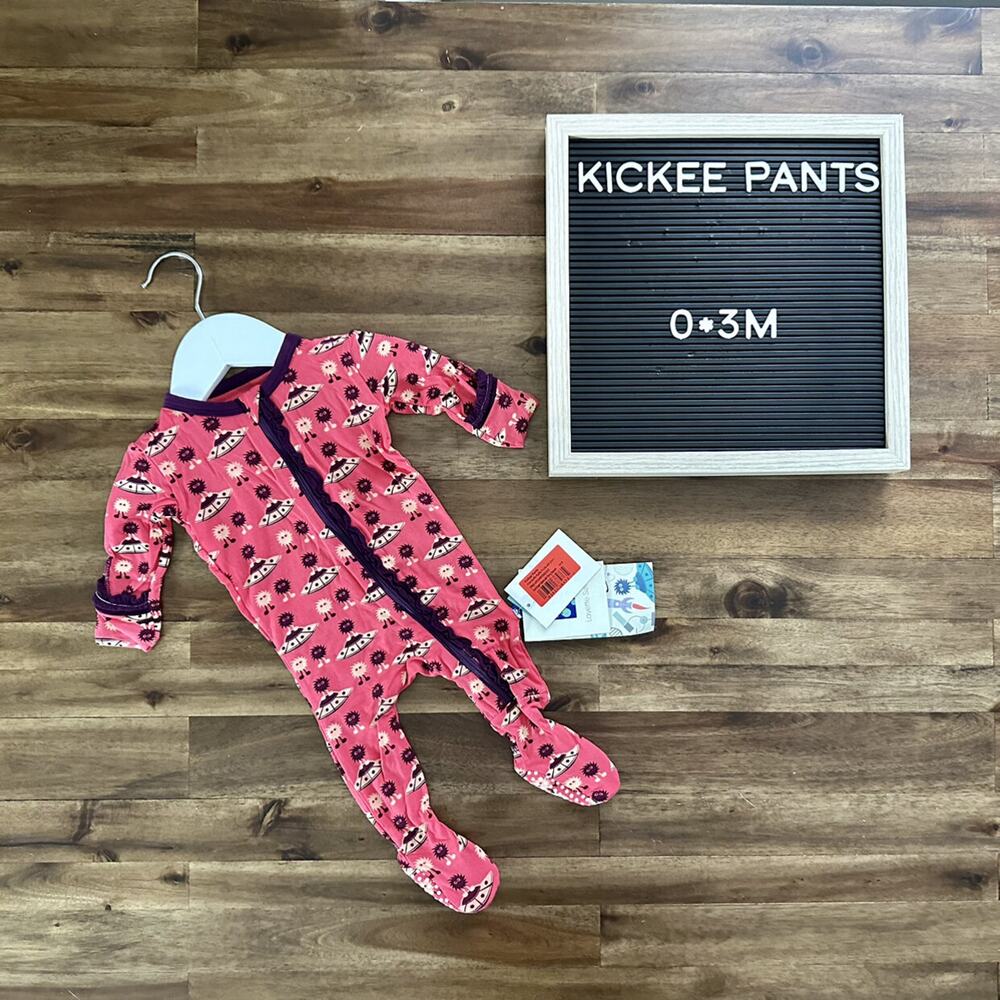 NWT Kickee Pants Red Ginger Alien Monsters Zipper Bamboo Long Sleeve Footie 0-3M